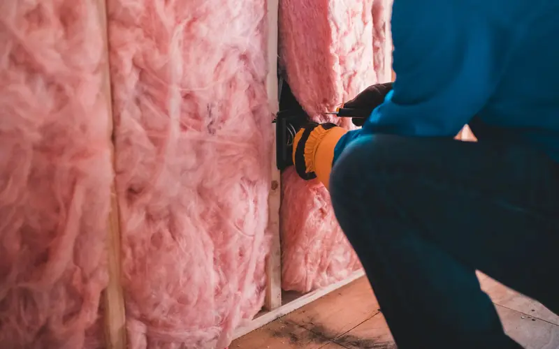 Worker in gloves fitting pink fiberglass insulation batts between wall studs