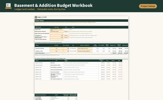 Basement & Addition Budget Workbook: project setup tab