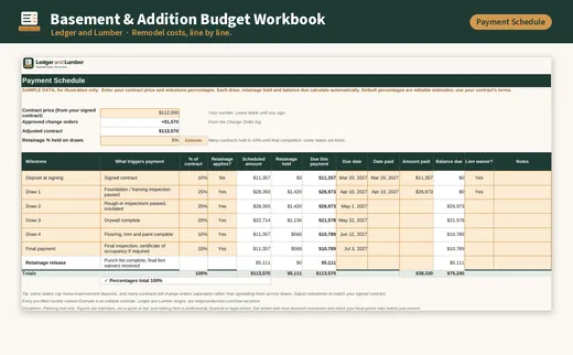 Basement & Addition Budget Workbook: payment schedule tab