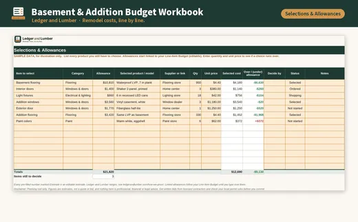 Basement & Addition Budget Workbook: selections tab