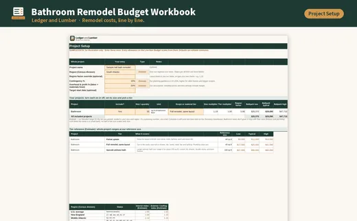 Bathroom Remodel Budget Workbook: project setup tab
