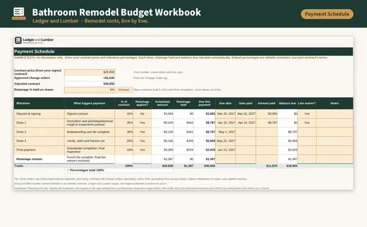 Bathroom Remodel Budget Workbook: payment schedule tab