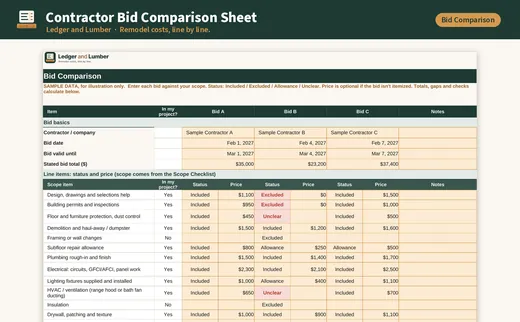 Contractor Bid Comparison Sheet: side by side tab