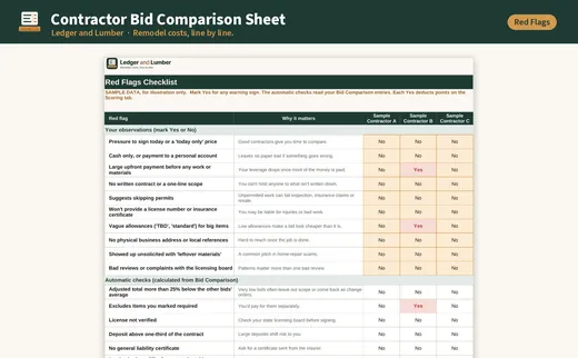 Contractor Bid Comparison Sheet: red flags tab
