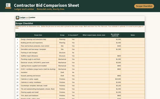 Contractor Bid Comparison Sheet: scope checklist tab