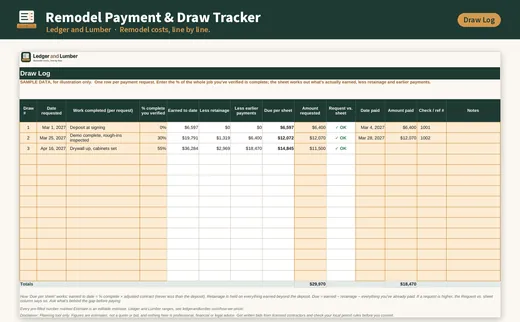 Remodel Payment & Draw Tracker: draw log tab