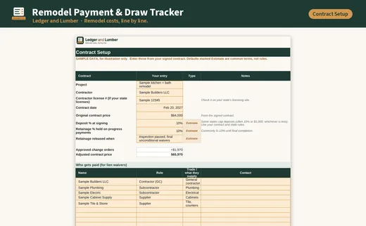 Remodel Payment & Draw Tracker: contract setup tab