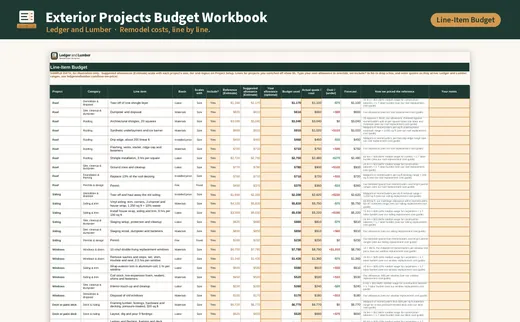 Exterior Projects Budget Workbook: line item budget tab