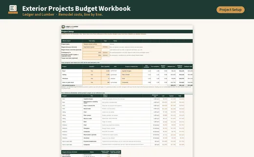 Exterior Projects Budget Workbook: project setup tab