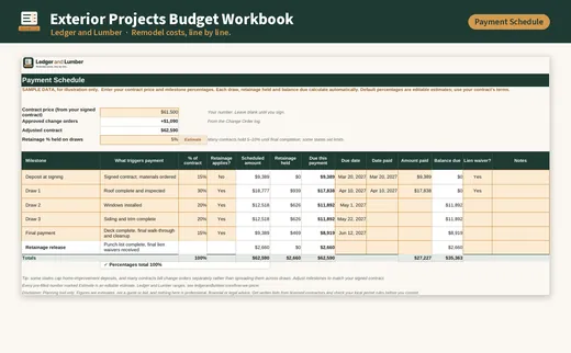 Exterior Projects Budget Workbook: payment schedule tab