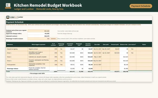 Kitchen Remodel Budget Workbook: payment schedule tab