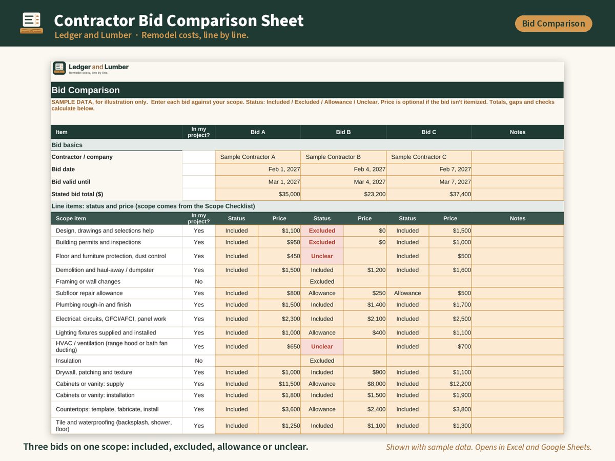 Contractor Bid Comparison Sheet preview